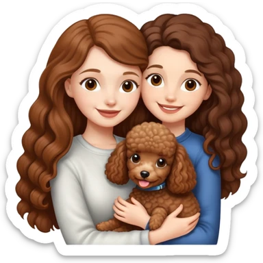 A white skinned girl with long brown hair tightly embraces a mini poodle sticker