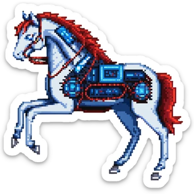 fast electric horse made of electricity, metal plates, bolts, visible blue and red wires, lightning coursing through its body, cybernetic sticker