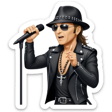 Icon for Rock Music: Klaus Meine with a microphone on the stand performing with Scorpions on stage, with powerful stage presence. The vibe should capture the energetic and iconic sound of Scorpions, with vibrant lighting and a stadium atmosphere. Transparent background. sticker