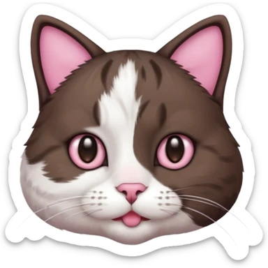 a cat with lines on his head but he is a really dark brown and has white paws and a white neck and mouth fur and nose is pink sticker