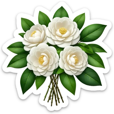 big bouquet White Camellia, luxuriant, stem, leaf sticker