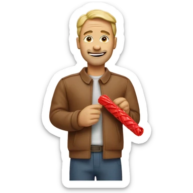 Man eating a big tan colored twizzler candy sticker
