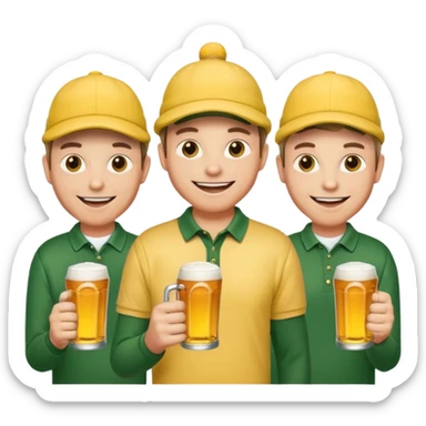 16 men on a golf trip wearing yellow golf caps all holding a beer can with a Xmas style label. Has to be 16 of them. sticker