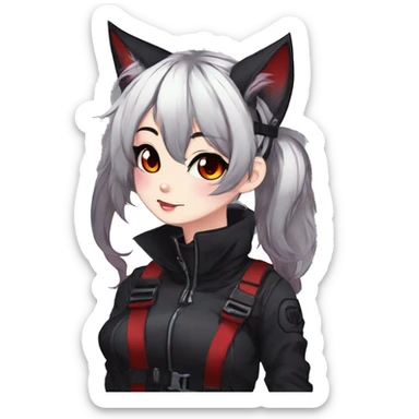 Gorgeous gothic dark techwear anime style anthro cat furry sona with blushing face aesthetic and pretty edgy black red punk messy ponytail hair with collar and harness trending style sticker