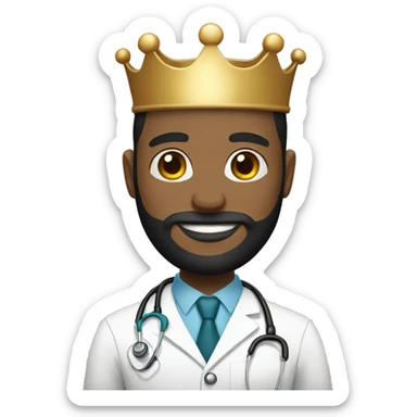 Bald male doctor with black beard and a crown sticker