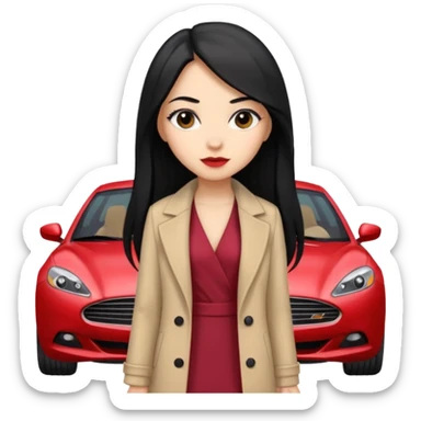 A fast, expensive black car with a young woman beside it The young woman has long black hair, wears a beige formal coat, and underneath is a cherry-colored dress. With expensive blak caaar sticker
