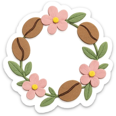 coffee bean floral wreath with leaves and flowers, hand-drawn pastel design sticker