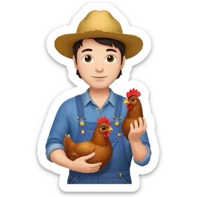 UN HOMBRE VESTIDO DE GRANJERO PIEL CLARA Y PELO OSCURO CON UNA GALLINA  sticker