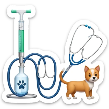 An icon featuring a stethoscope, a paw print, and a syringe, symbolizing veterinary medicine. The design includes a dog and a cat, alongside medical tools, representing animal care, diagnosis, and treatment. Transparent background highlights the science of animal health and well-being. sticker