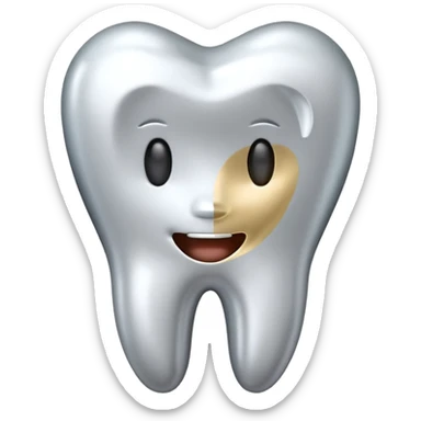 human tooth emoji, smooth chrome ceramic-metal texture, clean medical luxury aesthetic, isolated on white sticker