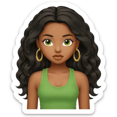 a pretty bratz brown girl with long wavy black color hair and green tank top on sticker