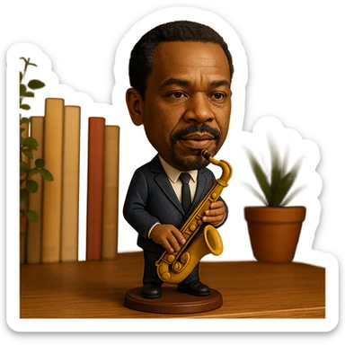 illustration of a jazz musician with a saxophone in bobblehead style sticker