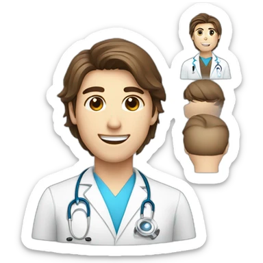 A good looking brown hair, bleu eye with a squared jaw physiotherapist with a doctor lab coat sticker