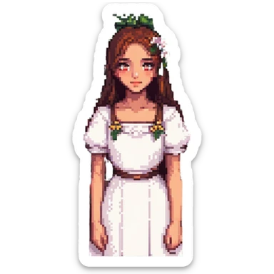 Change the girl's eyes to a rich brown color, keep the pixel art style and the flowery garden background. sticker