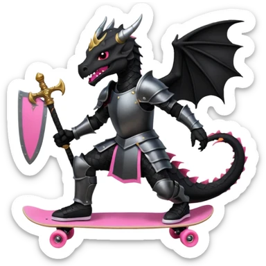 zwarte ridder met een zwarte zwaart en een zwarte schild met een zwarte draak op en hij skate met een roze skatebord en hij  zit tegen een draak te vechten sticker