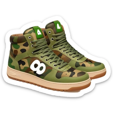 Bape sneaker with classic camo pattern in green and brown colors, high top sneaker with ape logo on the side sticker