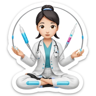 emoji of an asian woman with a single bun in a white lab coat sitting cross legged with micropipettes levitating in an arc around her head sticker