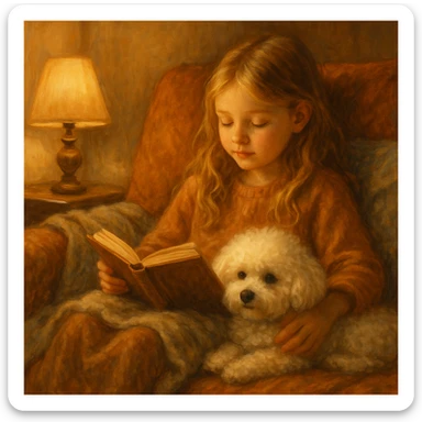 girl with blond hair reading a book with a bichon dog, in a cozy setting sticker