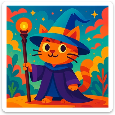 A cat wizard with a magical hat holding a staff in a fantasy setting, vibrant colors sticker