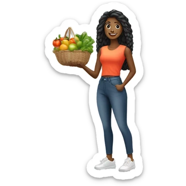 Vendeuse cheveux noir avec des fruits et légumes  sticker