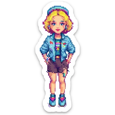 Madonna inspired by 'Borderline', pixel art style, 80s outfit, short hair, bright accessories sticker