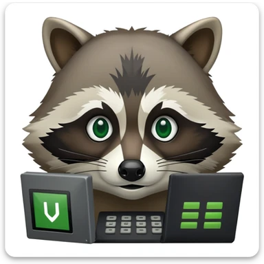 Raccoon face with black computer terminal window in background. The terminal window displays code in green and black. sticker