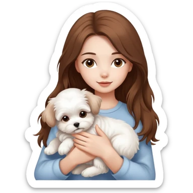 beautiful girl with long hair holding a fluffy white Maltese puppy sticker