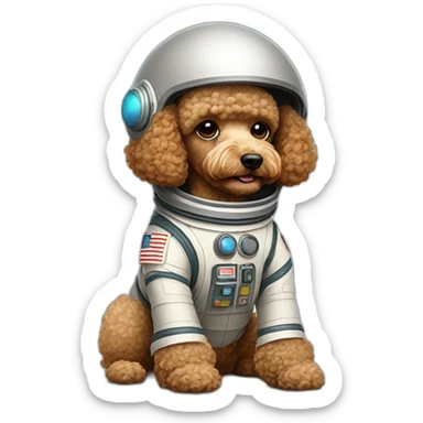 Light brown poodle seated with an spaceman suit and a helmet sticker