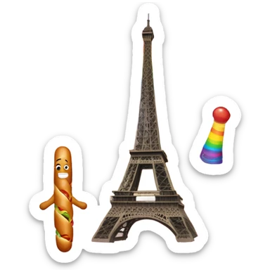 A giant holding the Eifel tower while riding on a rainbow eating a magic hotdog  sticker