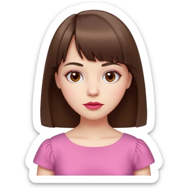 pale girl with medium-length straight brown hair, bangs above the eyebrows, brown eyes, red lips, oval face, wearing a pink dress sticker