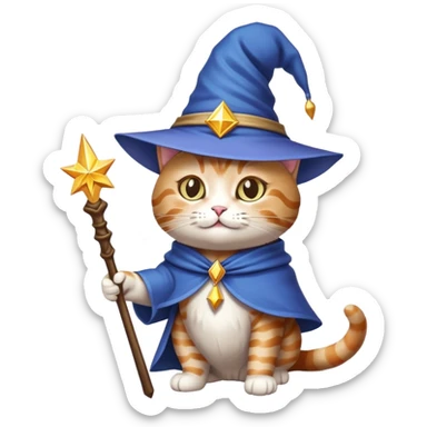 cat wizard with pointy hat and magic wand sticker