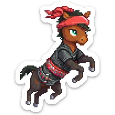 Ninja horse jumping in action, red headband, black outfit sticker
