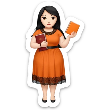  plus-size White woman is wearing makeup. She has long, straight, waist-length black hair and is wearing a full-body orange dress with rhinestones and lace. Her nails are painted orange. She is holding a book in one hand and a crayon in the other. A chalkboard is behind her. sticker