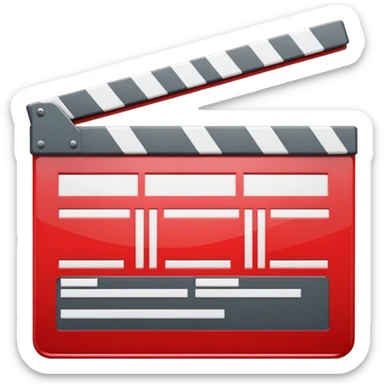 Glossy bright red clapperboard in the classic style of Apple icons: the top bar is tilted up-left, the body and bar with a deep glossy glare, dark gray edging, black background inside, perfectly square with rounded corners. sticker