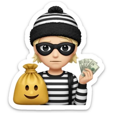 a short ios emoji-style portrait of a classic burglar, a black eye mask and a black-and-white striped shirt. emoji-like hair, black winter-like hat, a bag of money 💰 with a dollar sign in a right corner, evil expression WITHOUT a hand  sticker