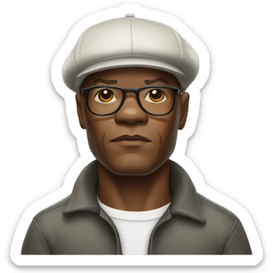 bald samuel l jackson serious wearing shirt and Kangol sticker