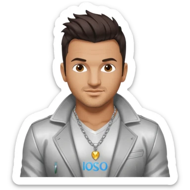 Peter Andre with dark brown hair, shirtless with necklace, silver jacket sticker