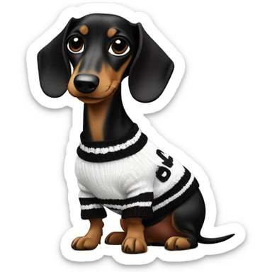 Dachshund wearing black and white Sweater with chanel logo  sticker