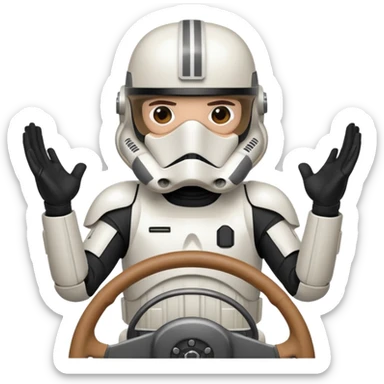 ["Stormtrooper helmet driver, white armor, hands on steering wheel."] sticker