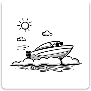 A hand-drawn speedboat with sunglasses and a cool grinning face sticker