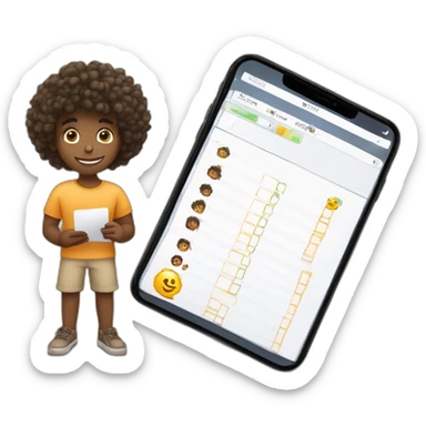 tanned/black boy with curly hairs doing checklist for developing mobile app (with ios device in a hand and the list in the another hand sticker
