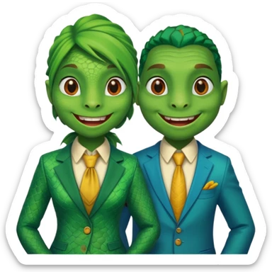 Female lizard and male lizard wearing human clothes sticker