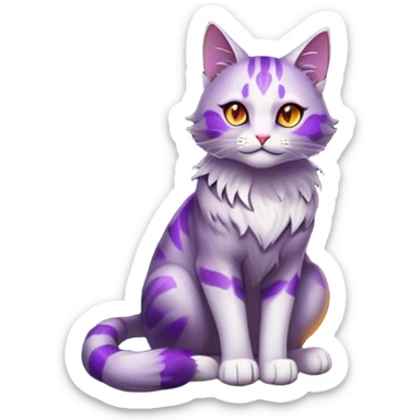 steam punk style. Purple shade. A wise cat with glowing amber eyes sits in the hollow between the roots of an ancient tree. Its fur shimmers in the dim light as it calmly licks its paw. The air feels enchanted. The cat's gaze, full of wisdom, is fixed on the traveler, as if sensing destiny sticker