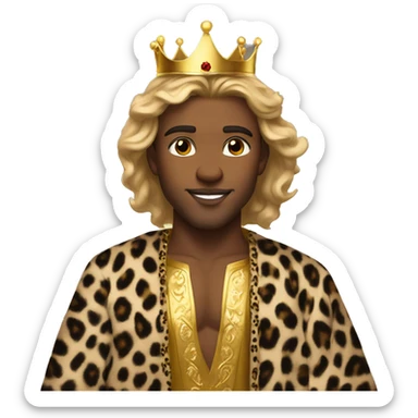 young king with dirty blonde flowing hair, hazel eyes, a gold crown, a cheetah print  robe and stubble sticker