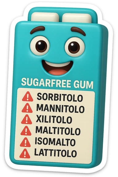 SU QUESTO STILE FAI UN EMOJI STILE IPHONE 3D DI UN pacchetto di gomme senza zucchero con ETICHETTA CON GLI INGREDIENTI SCRITTI, "sorbitolo, mannitolo, xilitolo, maltitolo, isomalto, lattitolo" accanto ad ogni nome scritto mettici un segnale di allarme, FALLO MOLTO REALISTICO IN 3D sticker