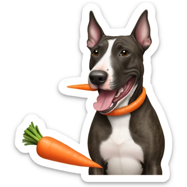 Brindle Bull terrier with a carrot toy in mouth sticker