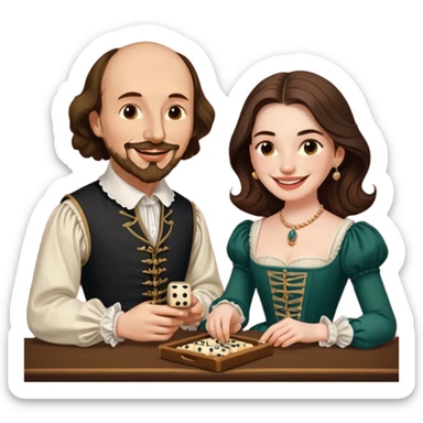 Can you make an emoji of William Shakespeare and Anne Hathaway (his wife-1582) playing Yahtzee  sticker
