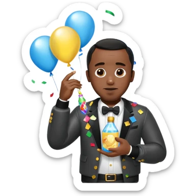 Diddy holding baby oil at a party with balloons and confetti and banners sticker