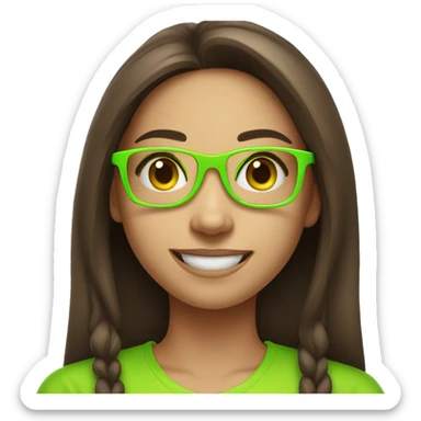 An emoji of a cute, long straight-haired brunette girl wearing glasses with a neon green frame, smiling warmly with a friendly expression sticker