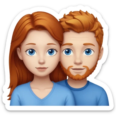 Ginger boy without beard hugging brunette girl. Both have blue eyes.  sticker